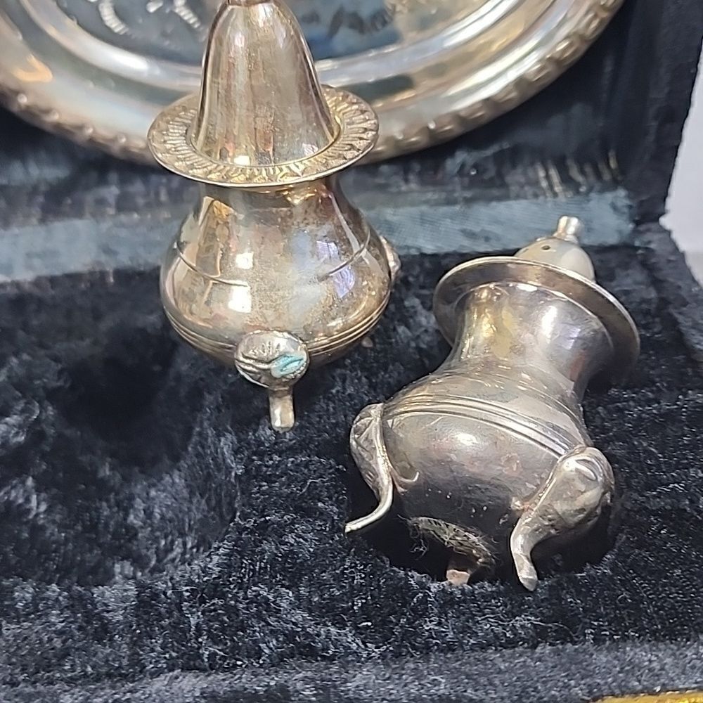 Vintage Silverplate Salt & Pepper with Tray and Crushed Velvet Case